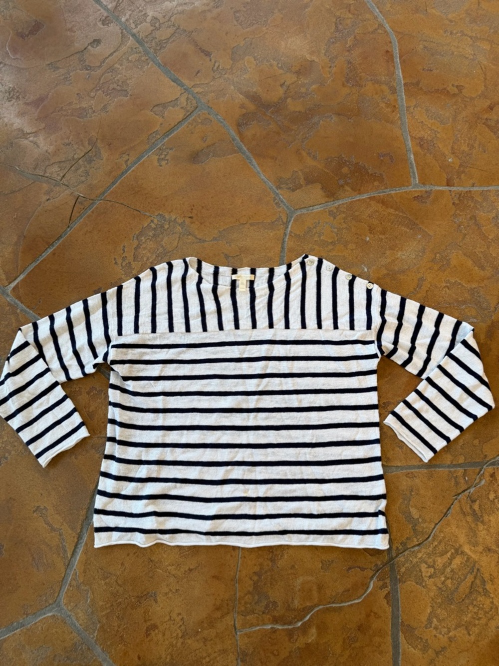 Eileen Fisher Striped Organic Linen Cotton Blend Button Shoulder Sweater - PL